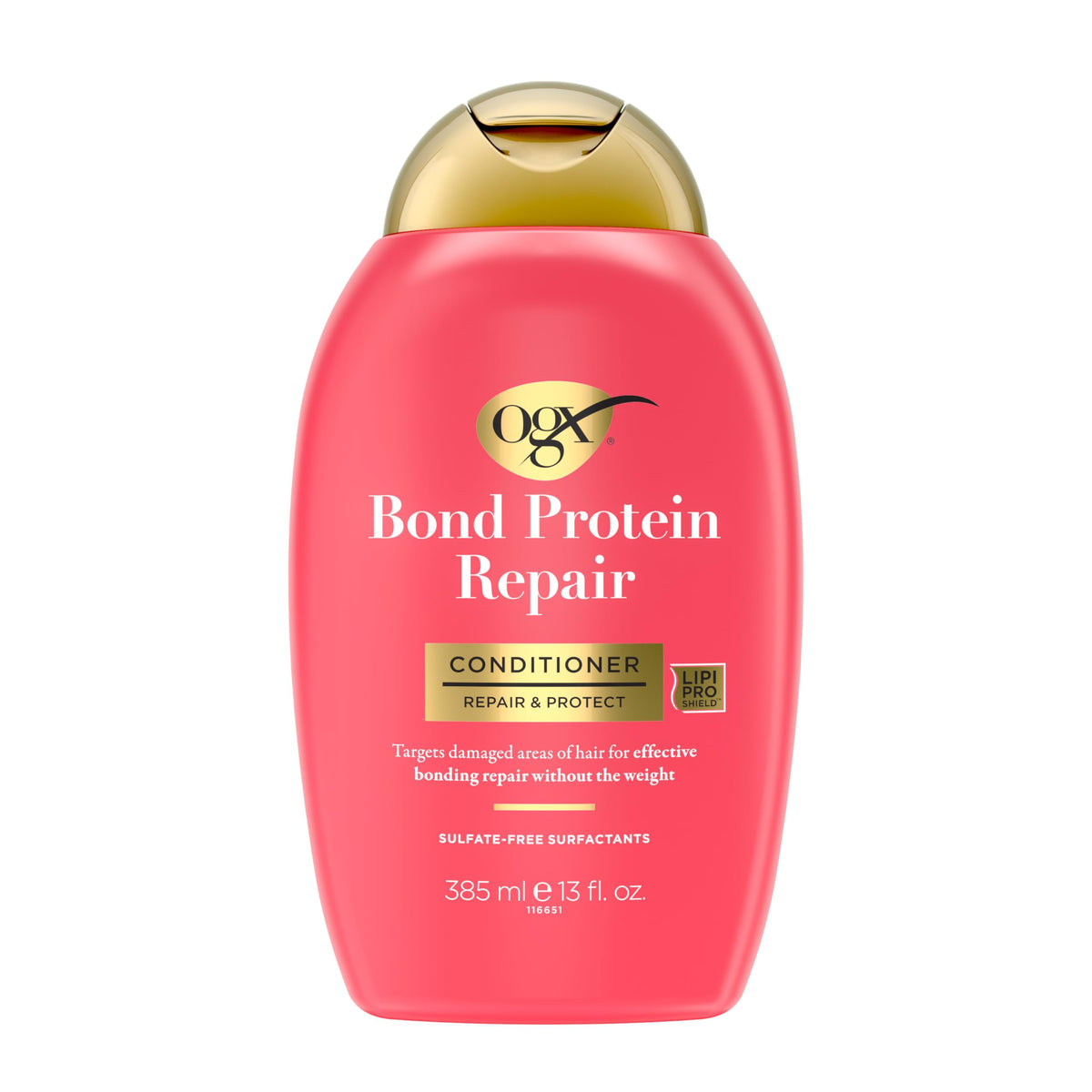 OGX Repair & Protect Bond Protein Repair Conditioner bottle front highlights protective formula for damaged hair.