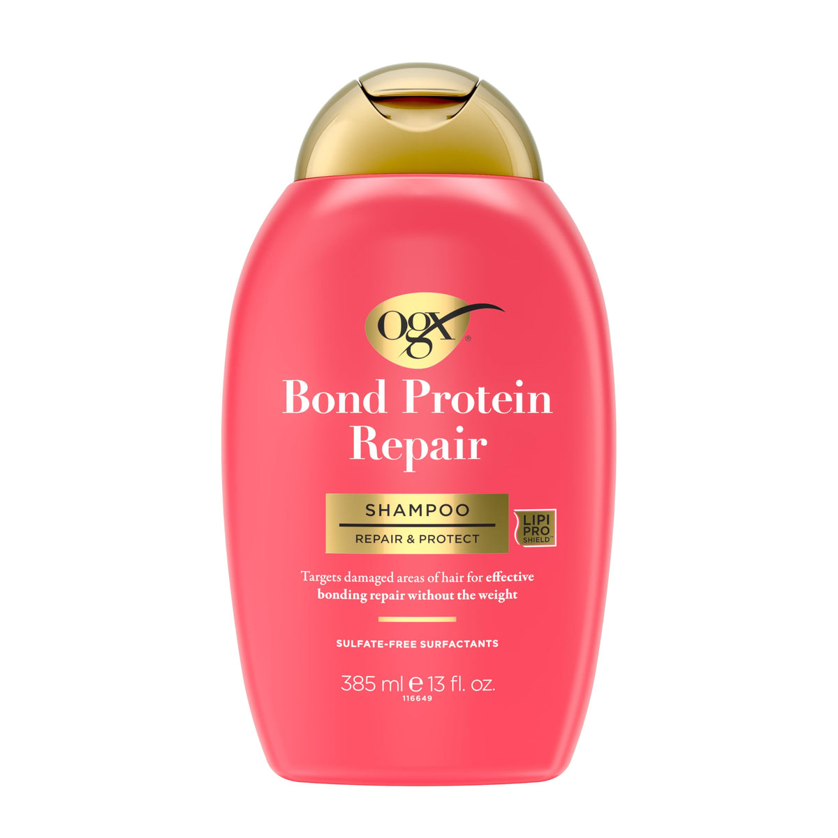 OGX Repair & Protect Bond Shampoo bottle highlights bond repair formula for damaged hair.