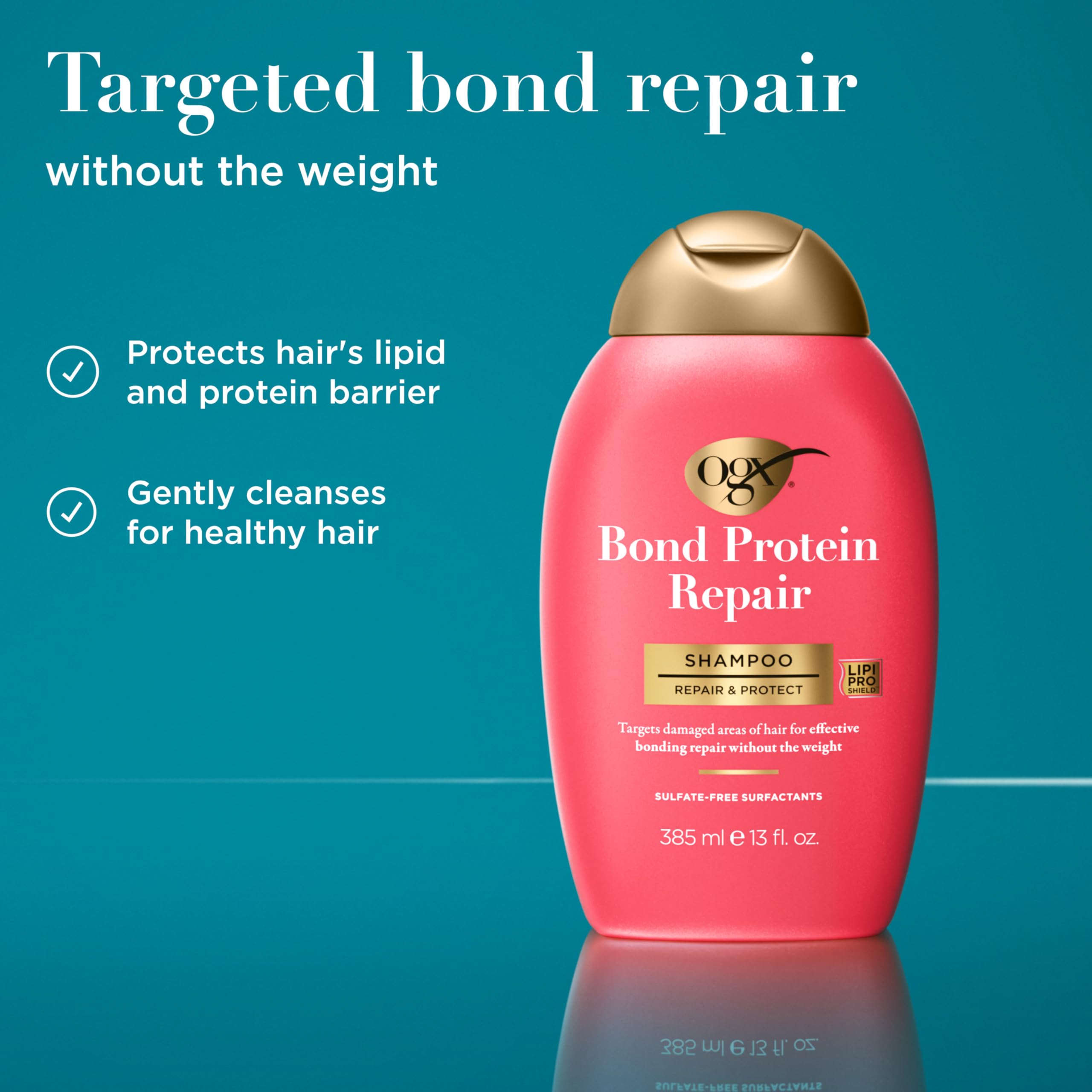 OGX Repair & Protect Bond Shampoo lather demonstrates cleansing action for damaged strands.