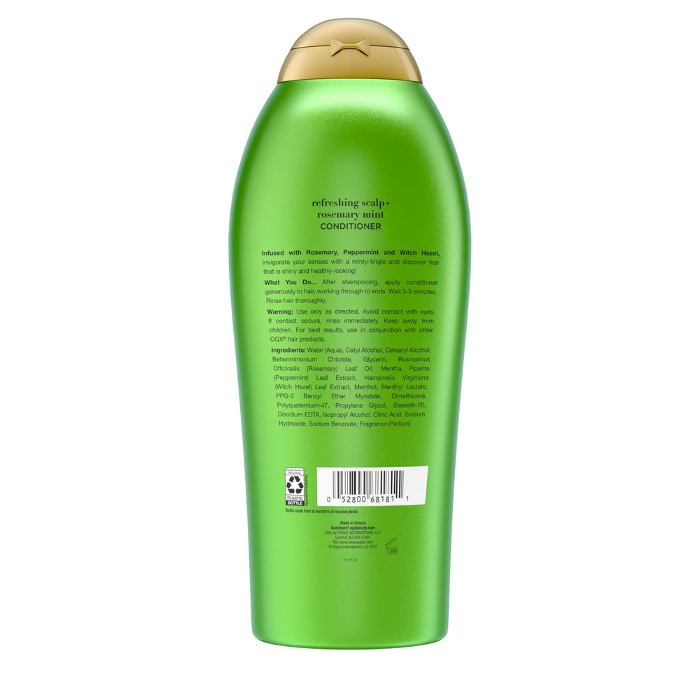 OGX Rosemary Mint conditioner resting on bathroom shelf