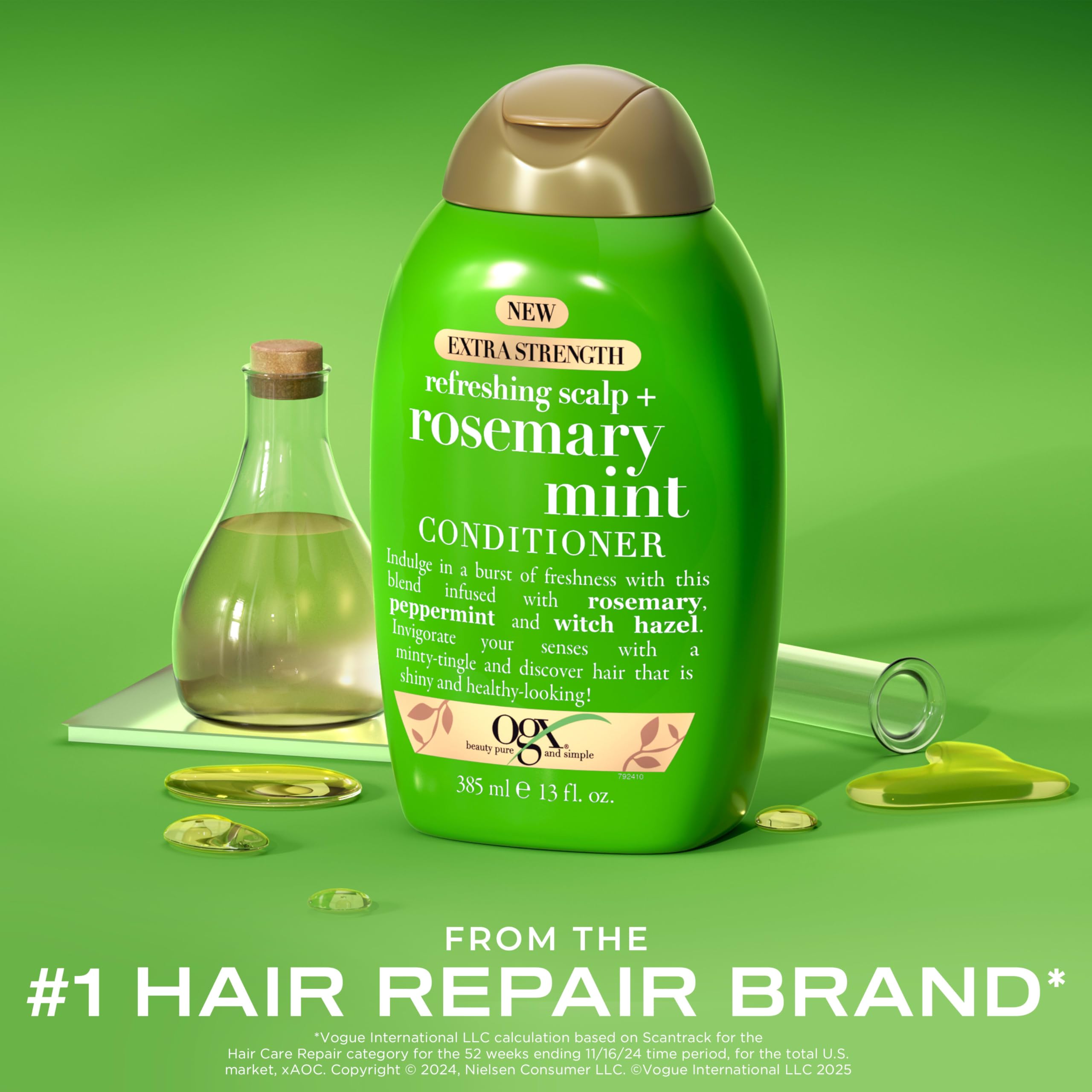 OGX conditioner label close-up highlighting rosemary and peppermint ingredients