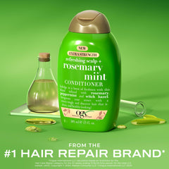 OGX conditioner label close-up highlighting rosemary and peppermint ingredients