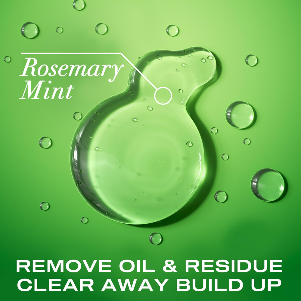 OGX Rosemary Mint Shampoo pouring scene emphasizes minty aroma and invigorating wash.