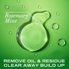 OGX Rosemary Mint Shampoo pouring scene emphasizes minty aroma and invigorating wash.