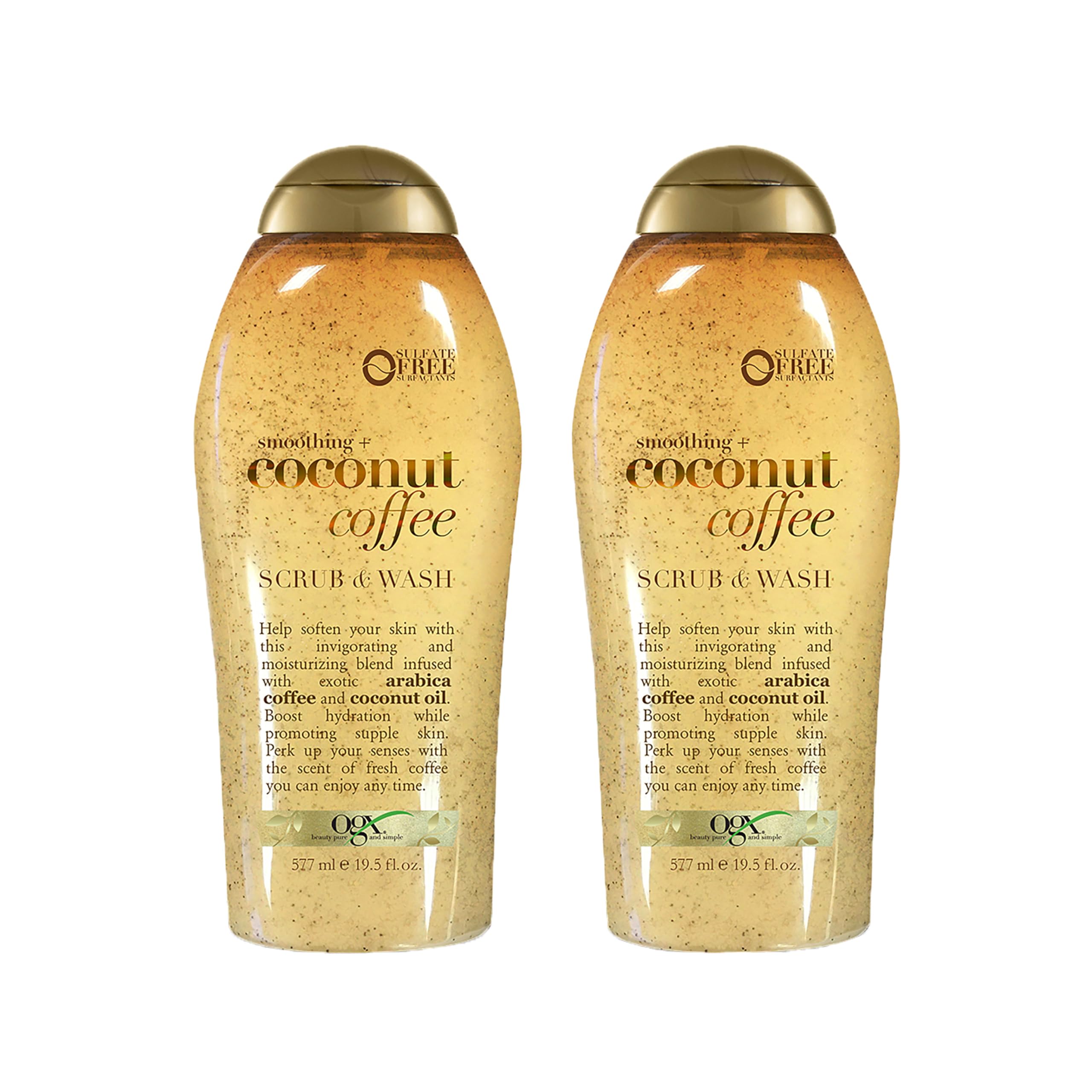 OGX smoothing coconut coffee exfoliating scrub bottle with rich aroma for daily use.