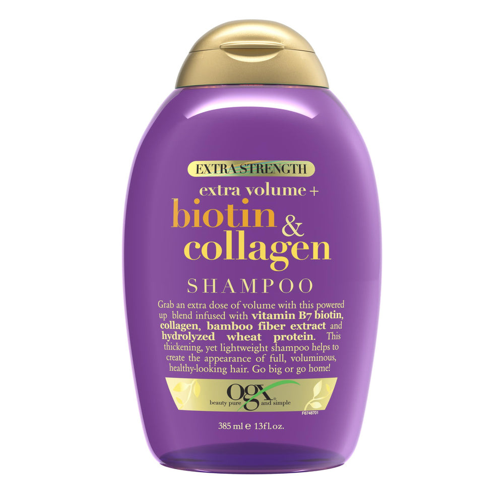 OGX Thick & Full Biotin Collagen shampoo bottle boosts body for fine hair.