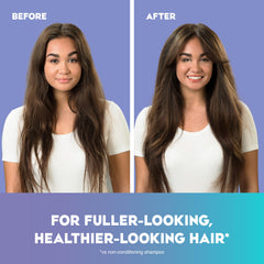 OGX label close-up showing biotin and collagen for hair nourishment.