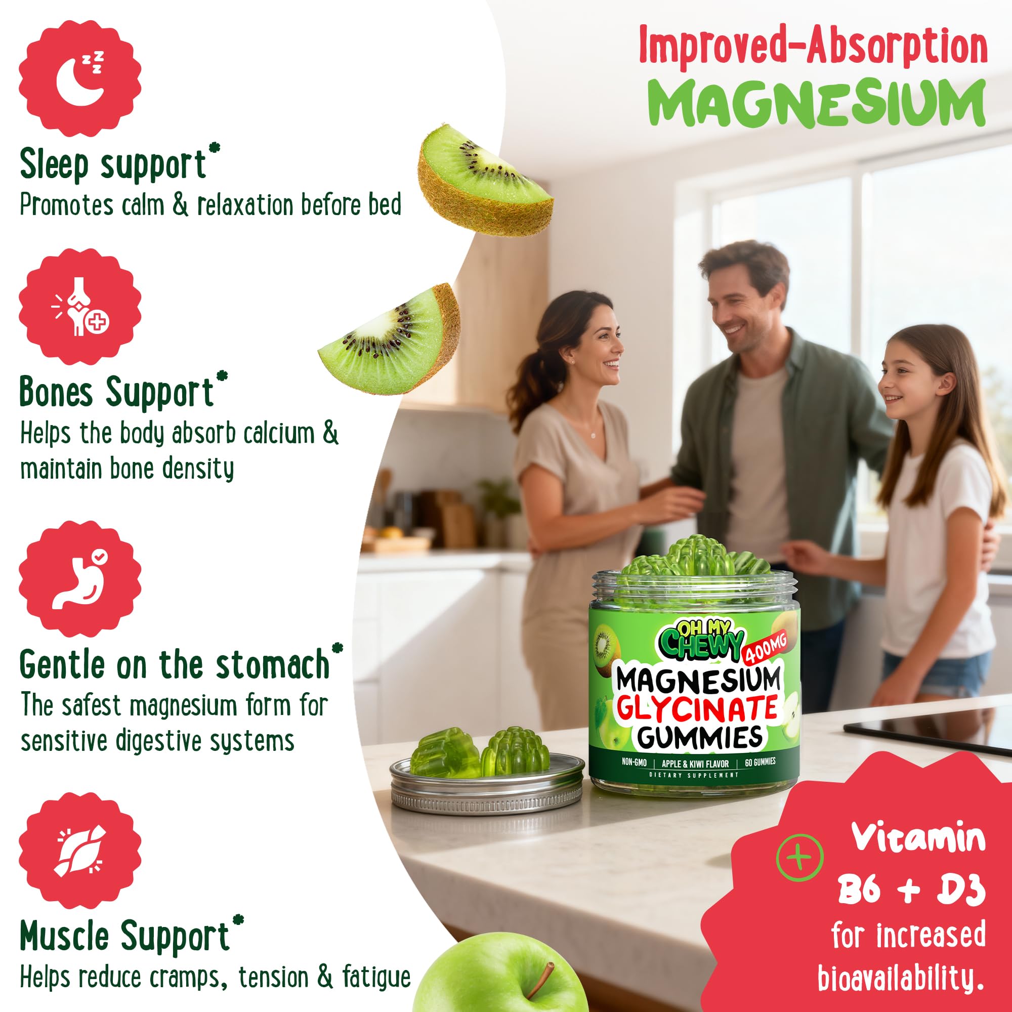 OH MY CHEWY magnesium gummies with B6 and D3 for enhanced absorption appeal.