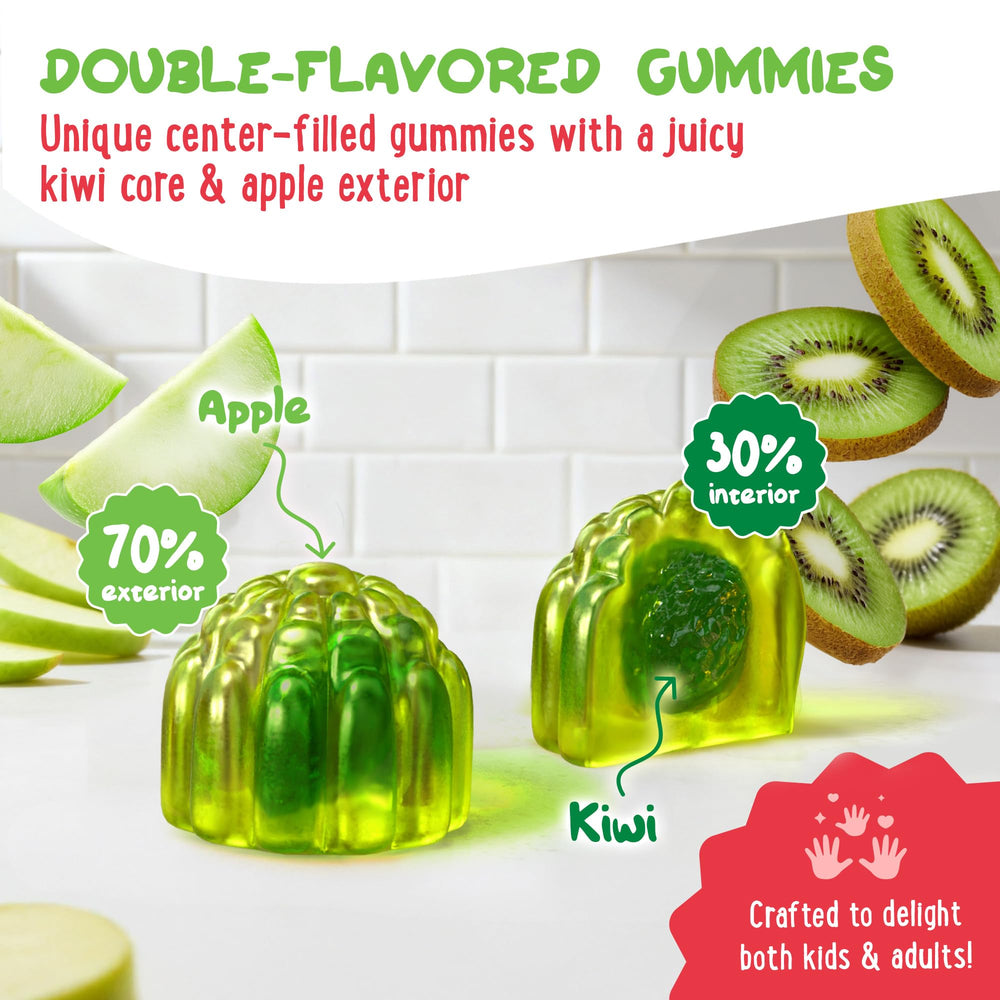 OH MY CHEWY magnesium gummies close-up of exterior and interior dual-flavor for picky eaters.
