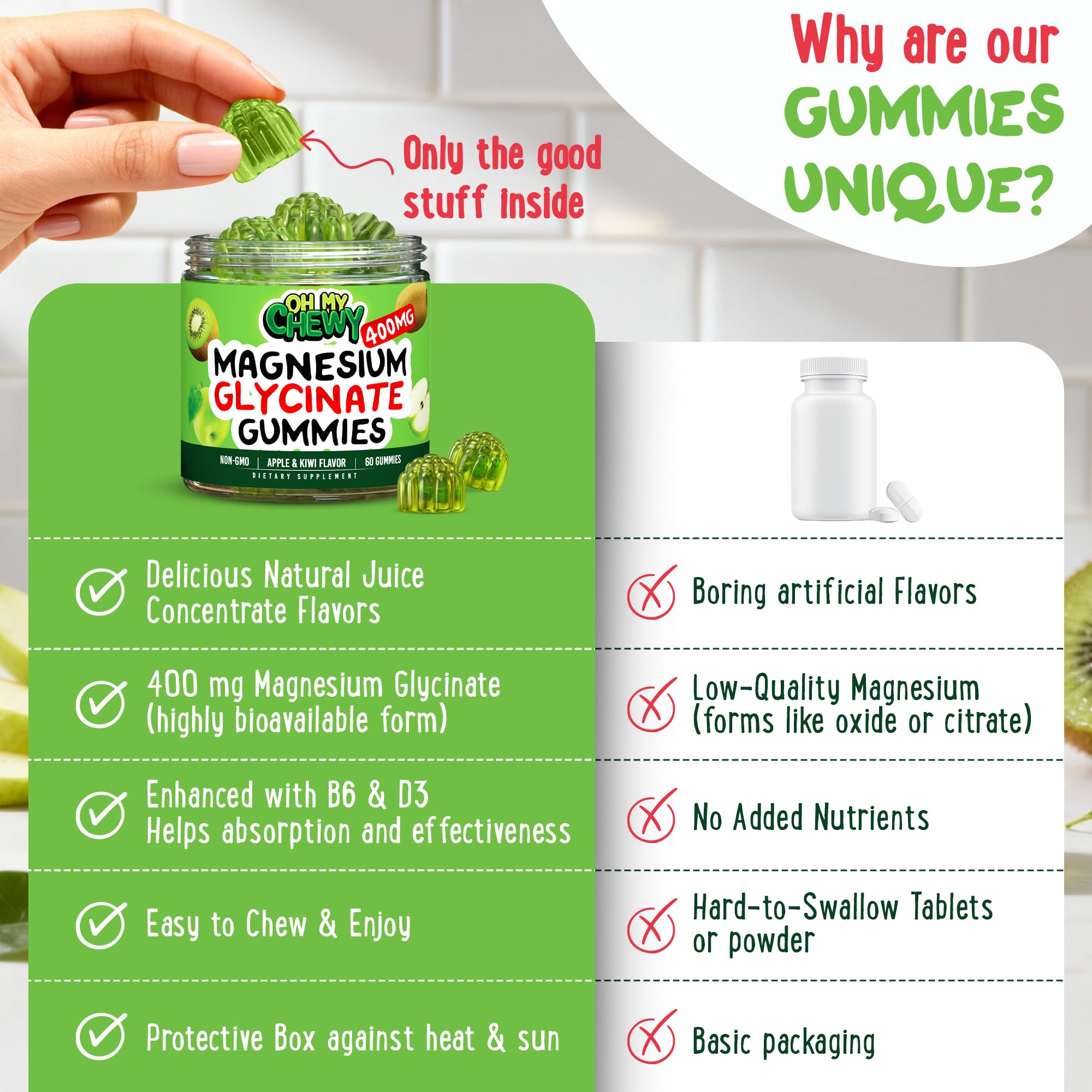 OH MY CHEWY gluten-free vegan magnesium gummies highlighting clean ingredients.