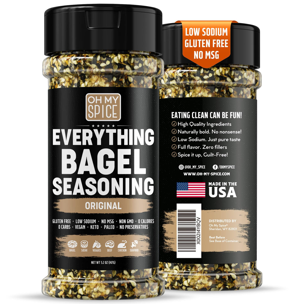 Oh My Spice Everything Bagel Seasoning Blend bottle pour enhances eggs with bold flavor.