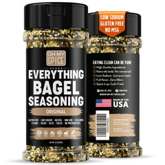 Oh My Spice Everything Bagel Seasoning Blend bottle pour enhances eggs with bold flavor.
