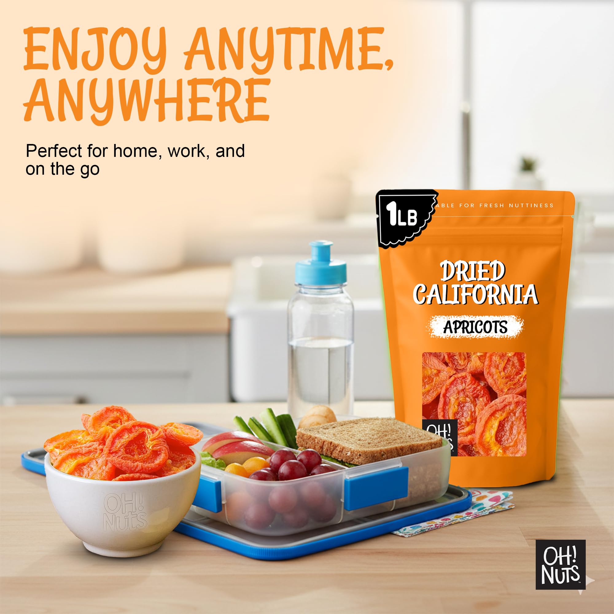 Nutrition facts label for Oh! Nuts Dried Apricots California emphasizes fiber and minerals