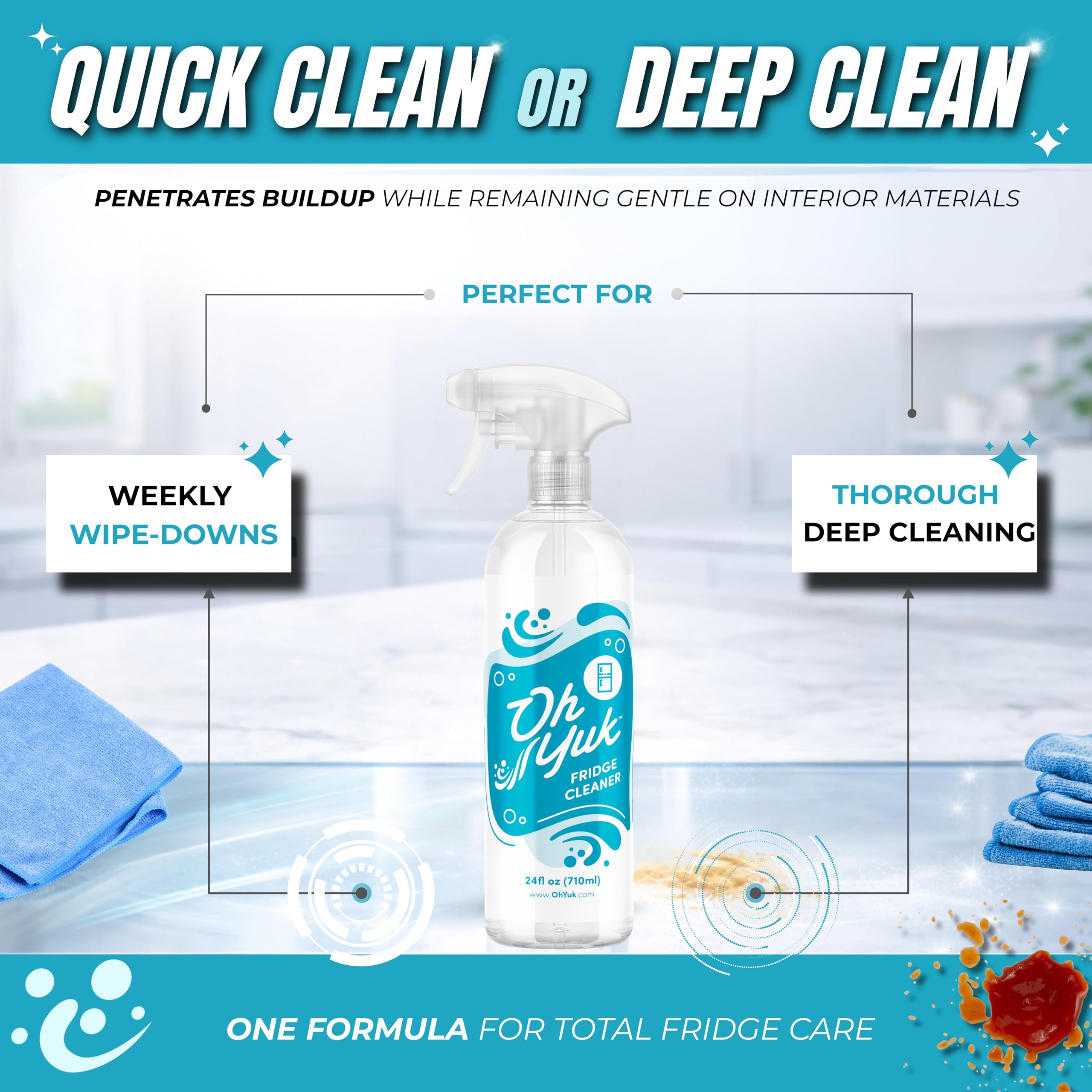 Oh Yuk Fridge Cleaner close-up shows effective dried-food removal.