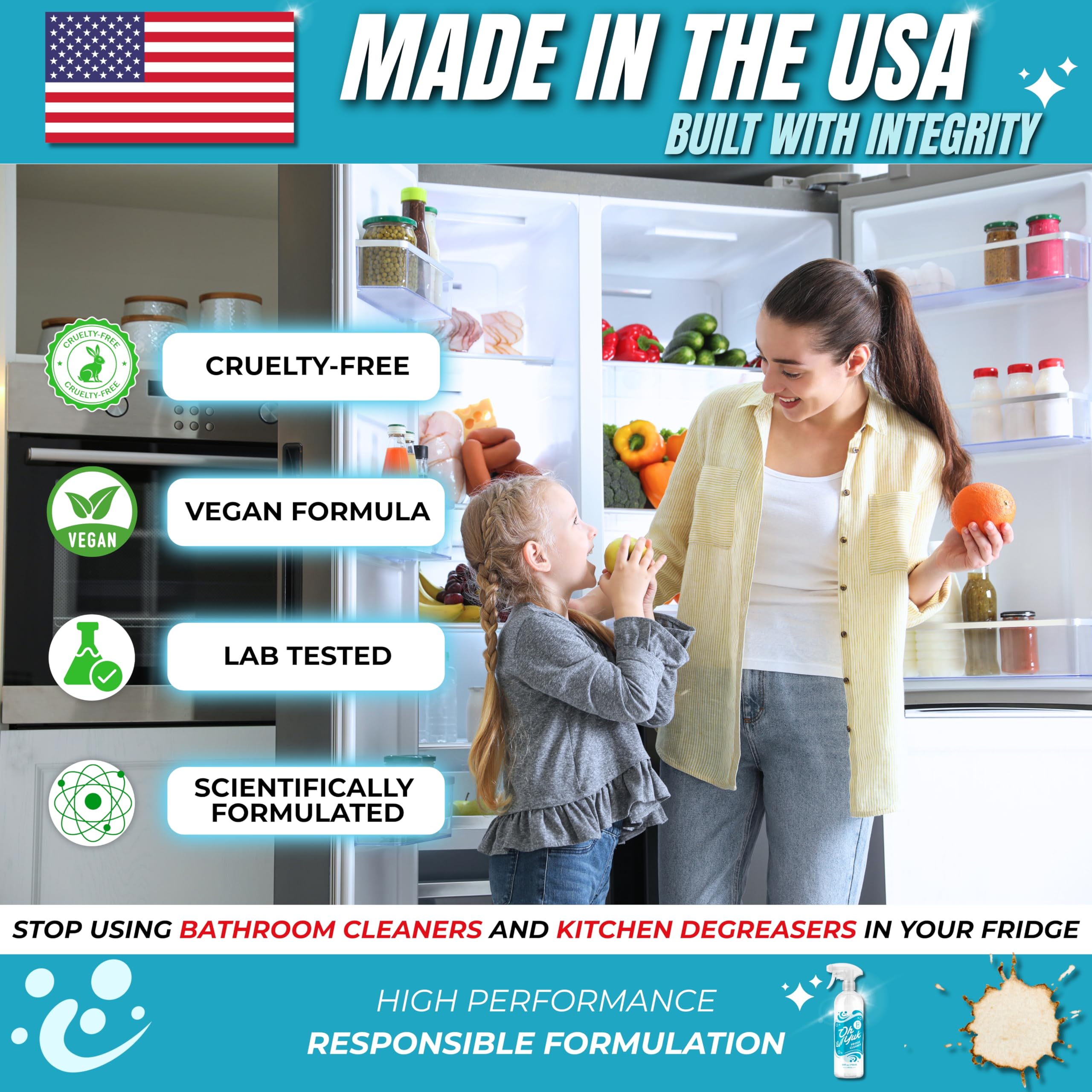 Oh Yuk Fridge Cleaner made in USA with biodegradable formula.