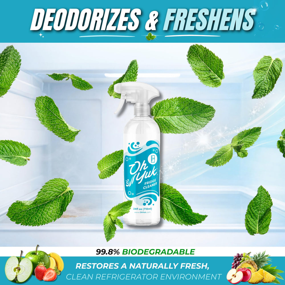 Oh Yuk Fridge Cleaner on plastic drawers for spotless interiors.