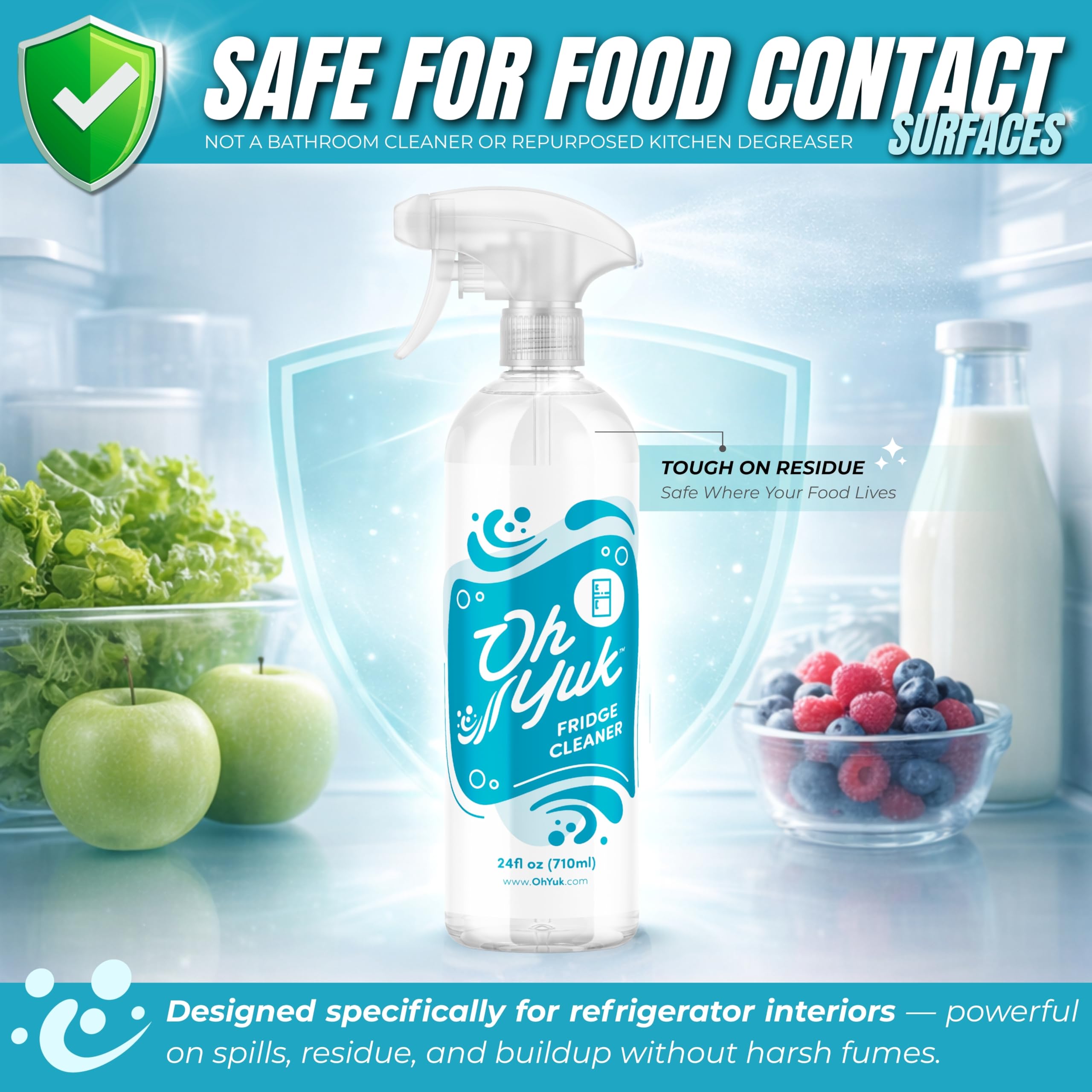 Oh Yuk Fridge Cleaner spray action ready to tackle messes.
