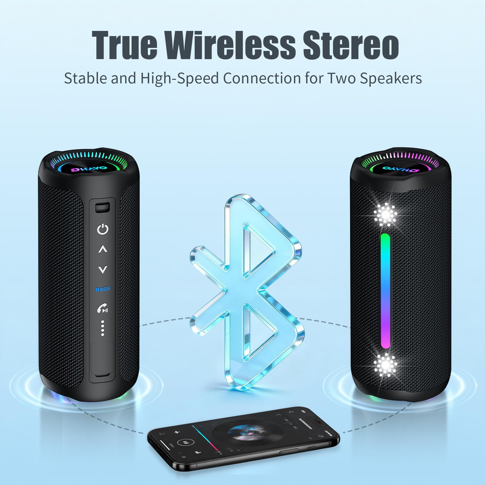 OHAYO X10 MAX dual‑speaker setup – easy wireless stereo pairing.