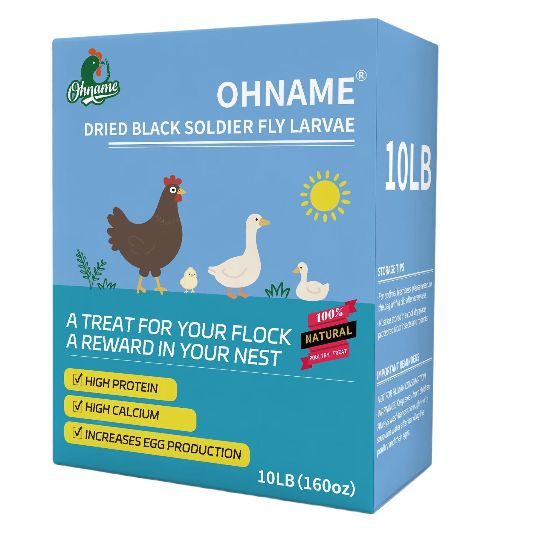 OHNAME 10lb BSFL in bag showing protein-packed feed for healthy chickens.
