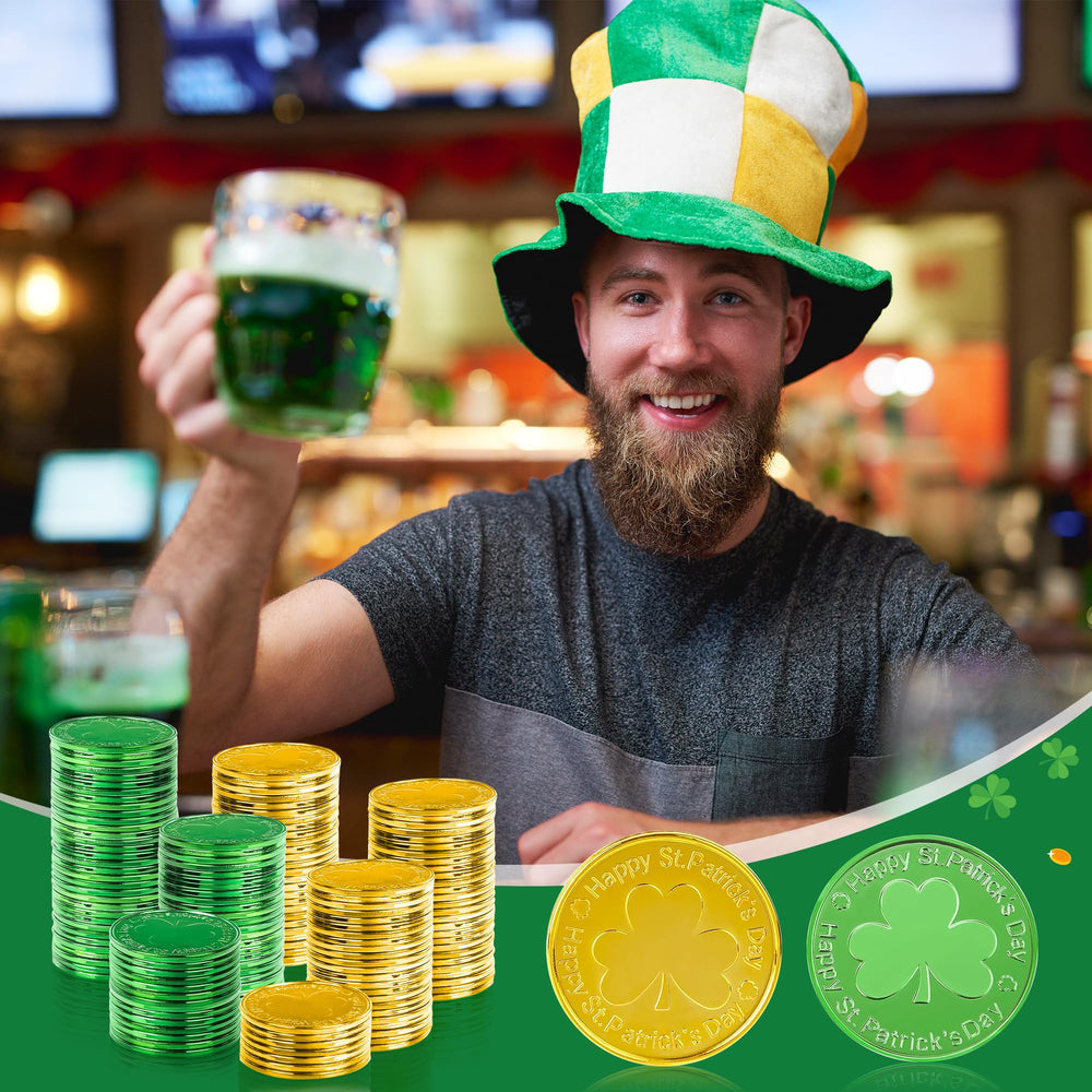 OHHOME table decor set using green and gold coins for St Patrick's Day.