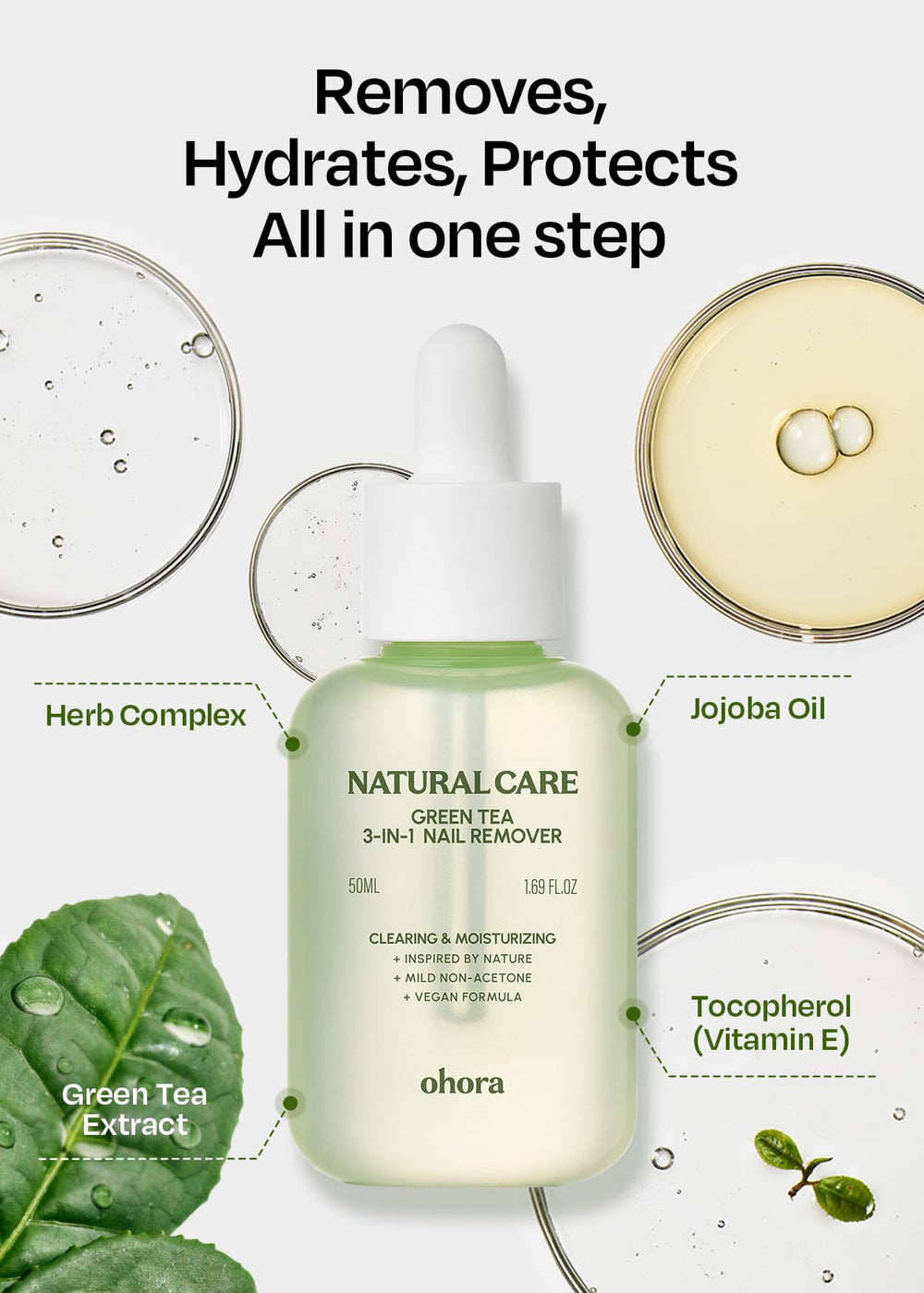 ohora Natural Care Green Tea Remover bottle highlights green tea seed oil nourishment