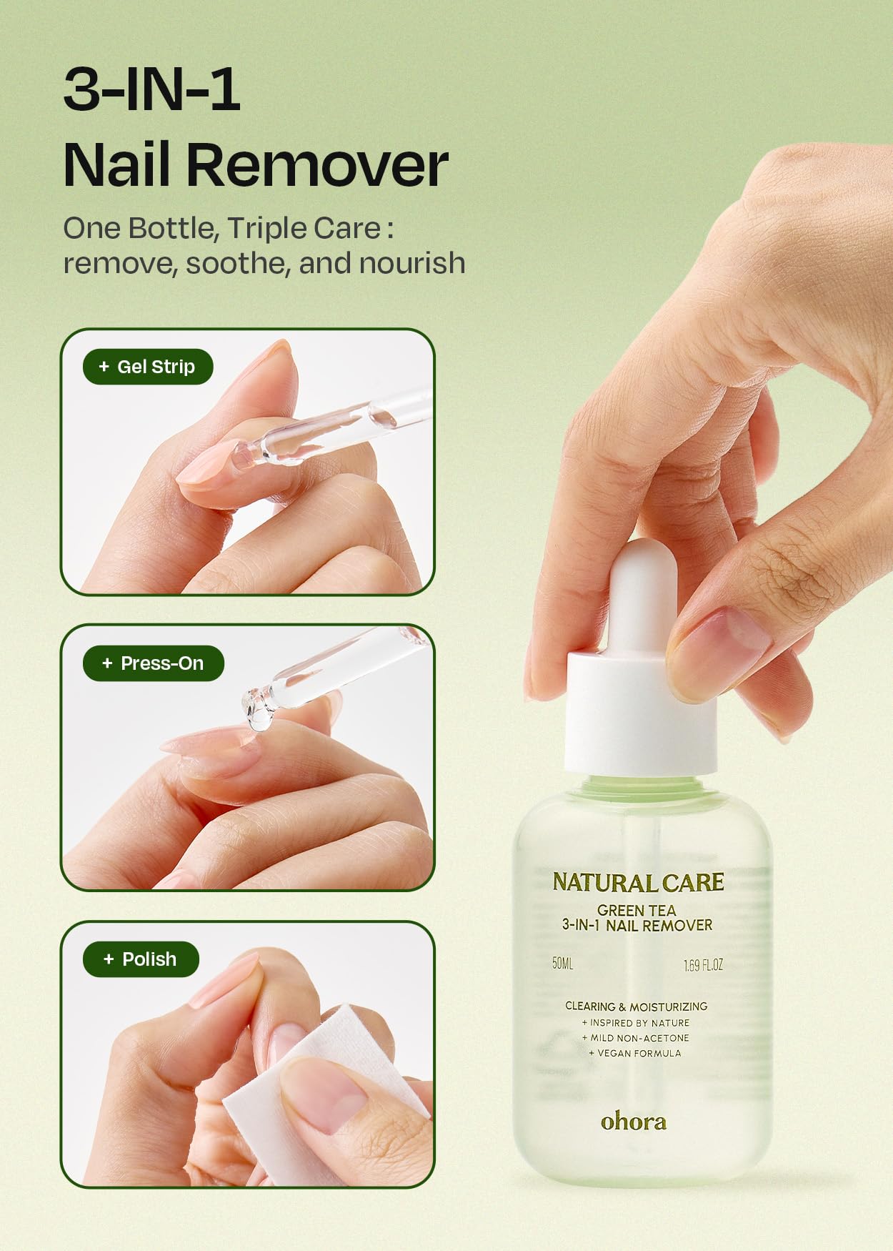 ohora Natural Care Green Tea Remover 50ml packaging for at-home use