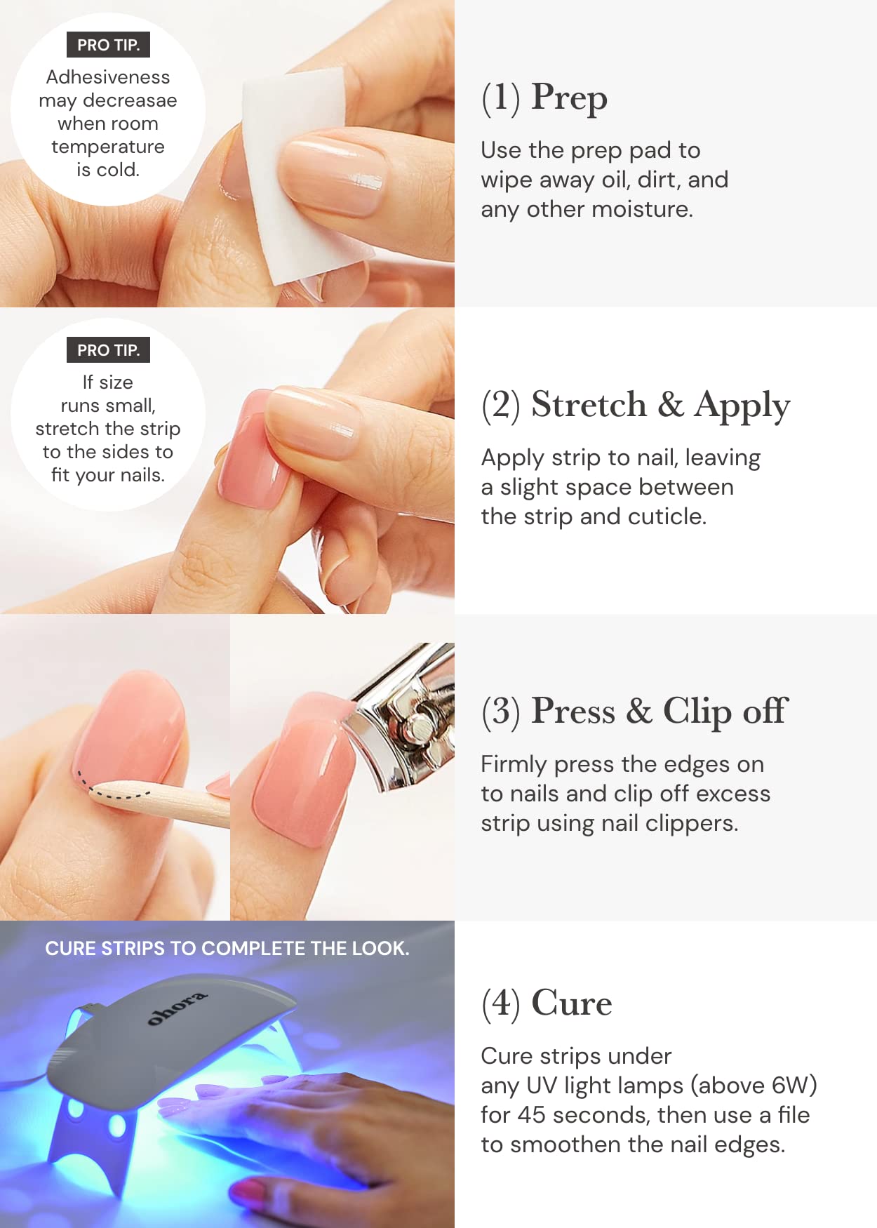 Ohora N Bare Apricot prep pads, file, and stick included for precise shaping.