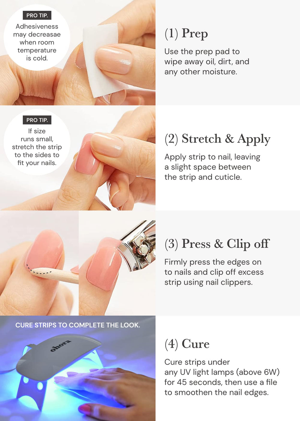 Ohora N Bare Apricot prep pads, file, and stick included for precise shaping.