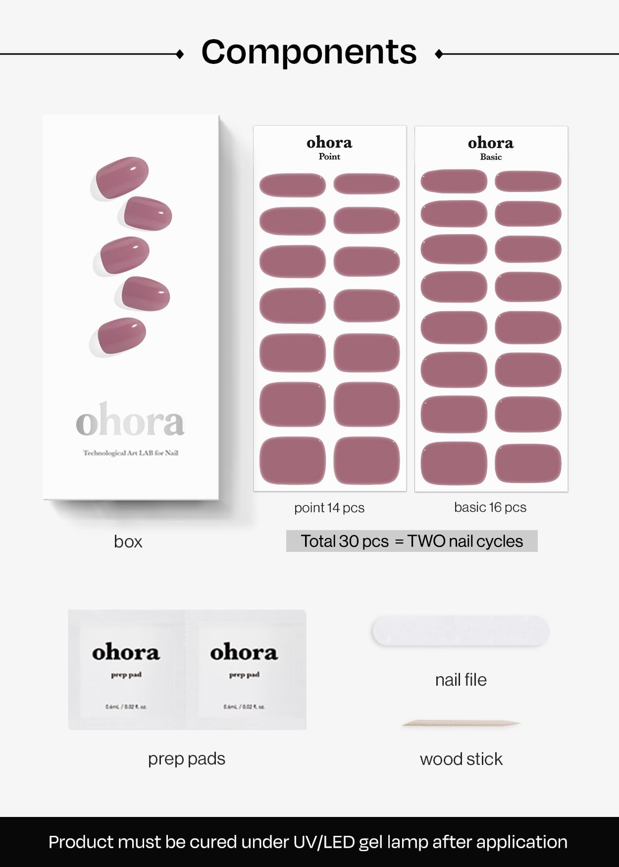 Ohora N Bare Plum prep pads, file, and stick support easy at-home application.