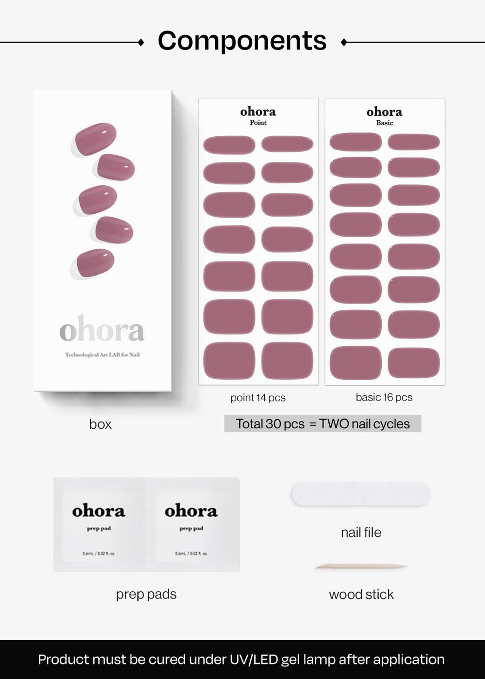 Ohora N Bare Plum prep pads, file, and stick support easy at-home application.