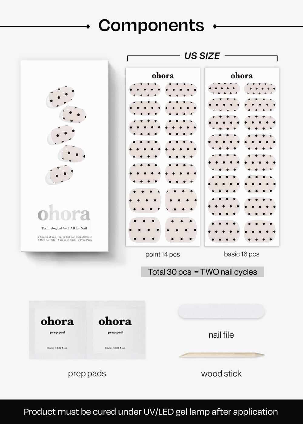 ohora polka noir at-home manicure setup with prep pads, file, and stick