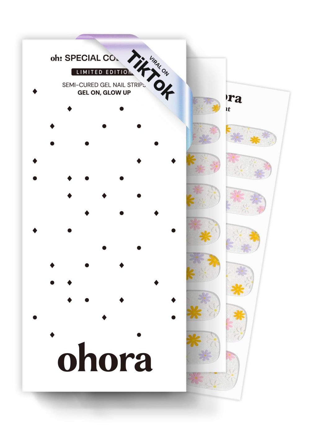 Ohora Daisy Disco rainbow gel nail strips in a rainbow pack for long-lasting color