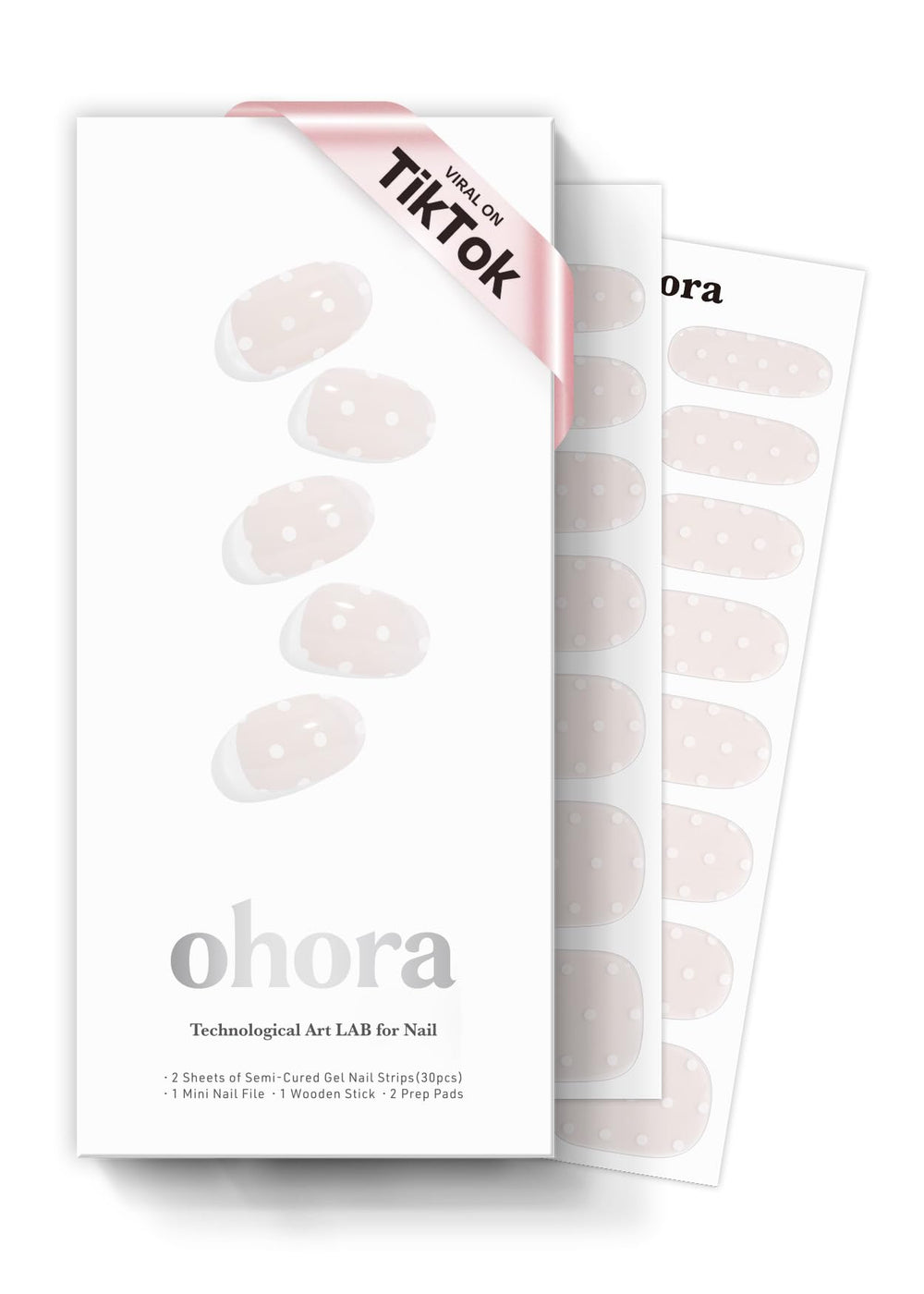 ohora N Polka Blanc nail strips on nails with long-lasting salon finish.