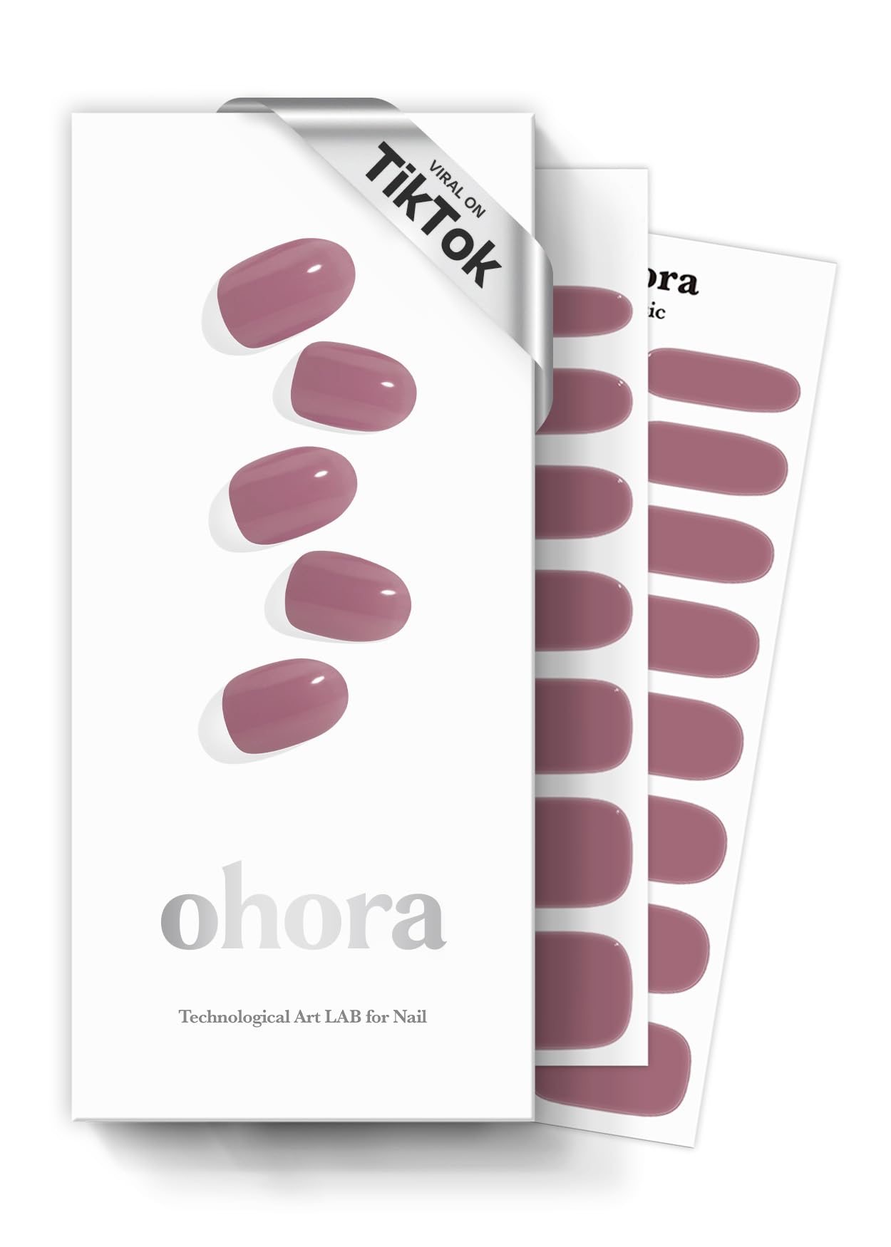Ohora N Bare Plum pack closeup shows glossy gel strips for an easy at-home manicure.