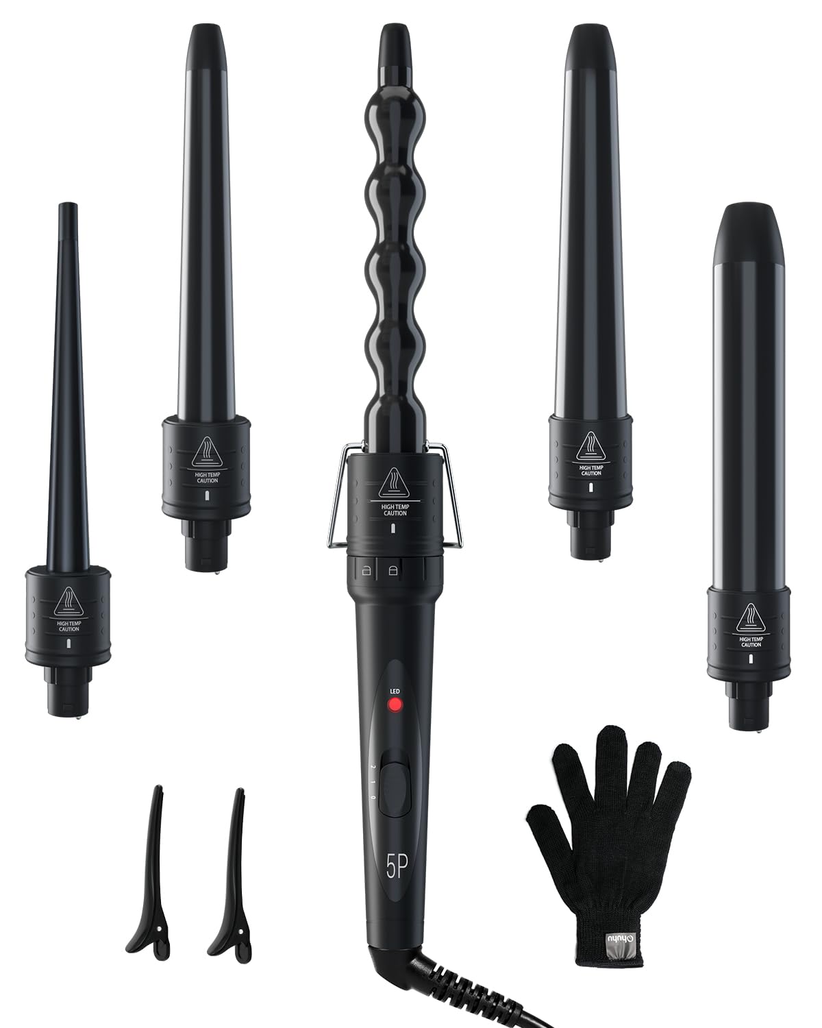 Ohuhu 5-in-1 curling wand with small barrel for tight curls at home.
