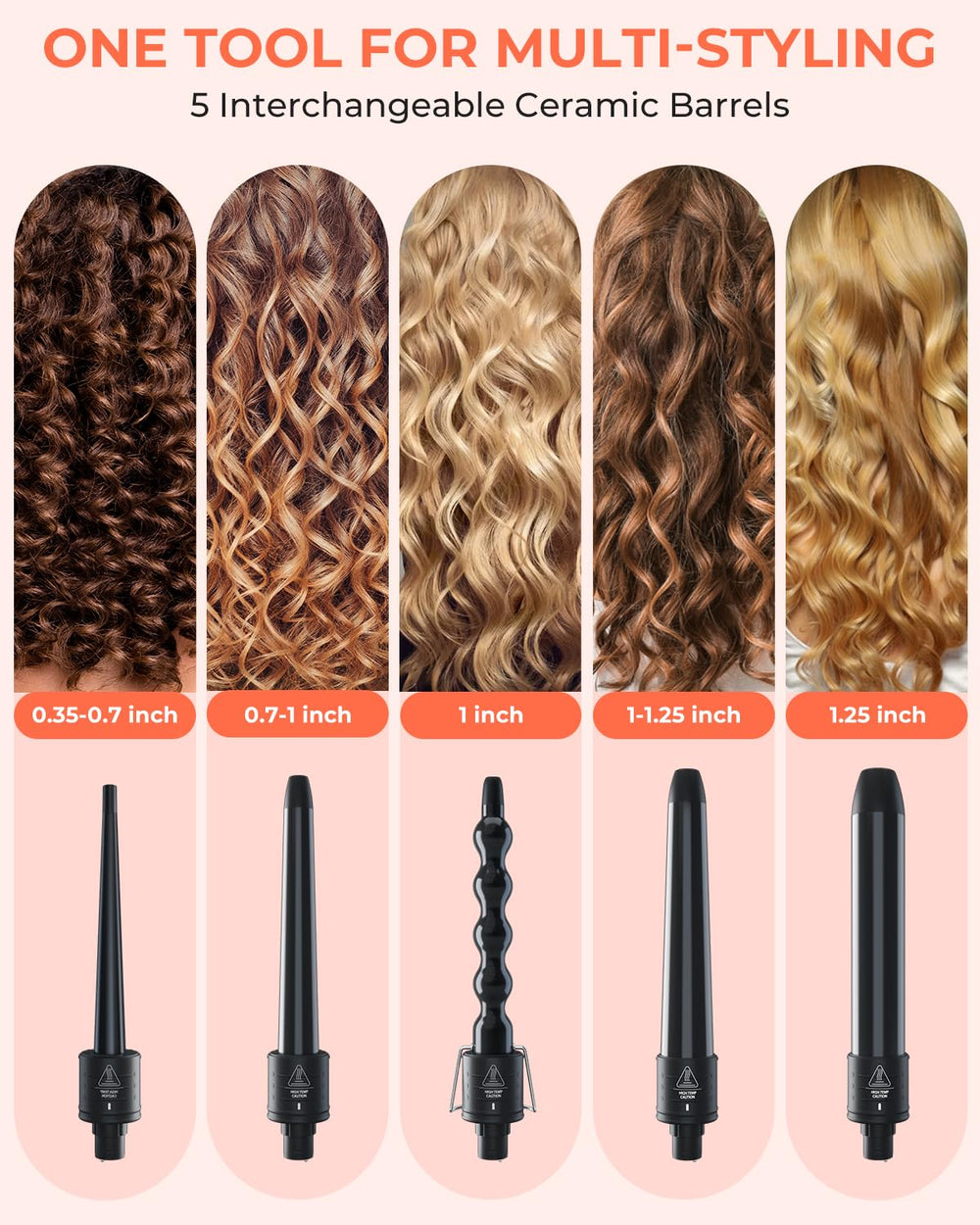 Ohuhu curling wand set with mid-small barrel for versatile curls.