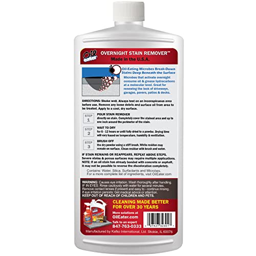 Oil Eater Overnight Stain Remover dry-to-powder action targets deep stains beneath surfaces
