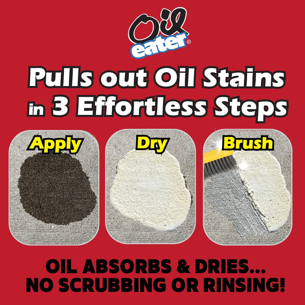 Oil Eater Overnight Stain Remover sweep-away step reveals cleaner concrete after overnight treatment