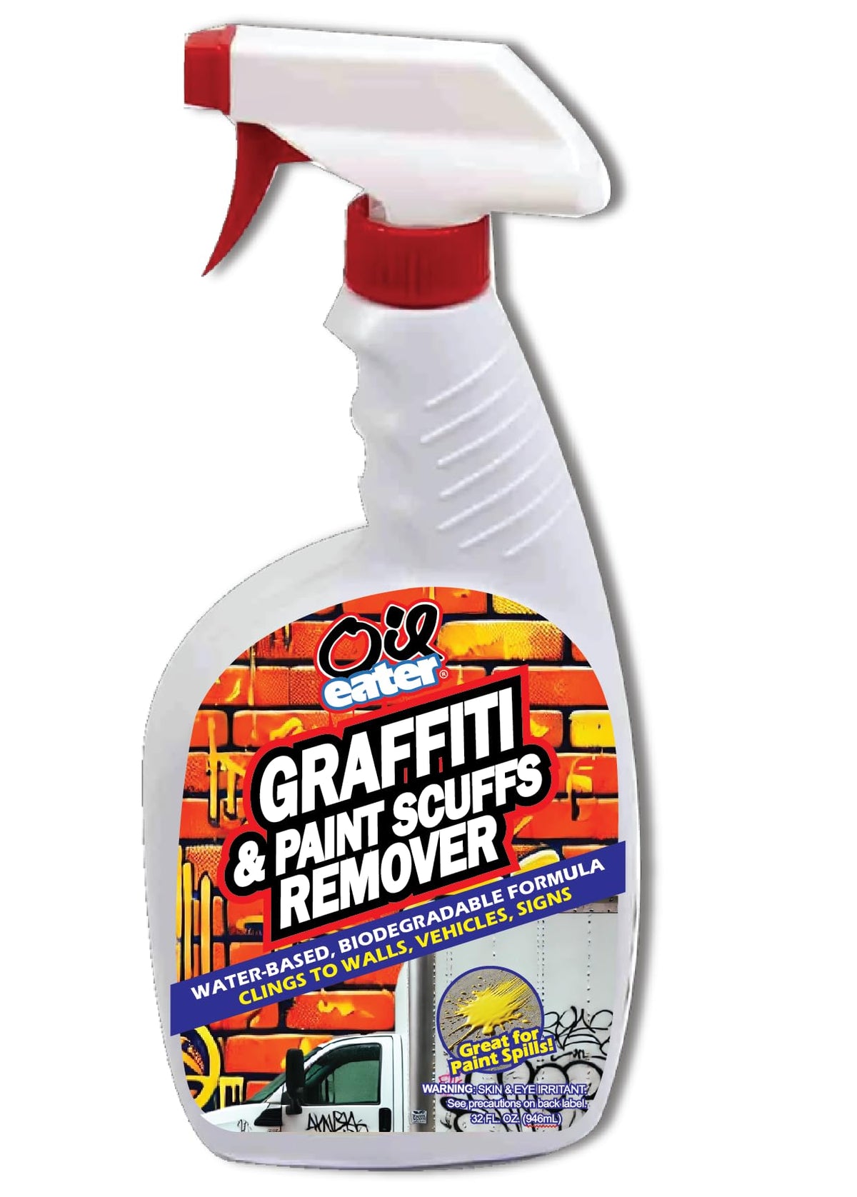 Oil Eater Pro graffiti remover foam clings to wall surfaces for fast coverage.