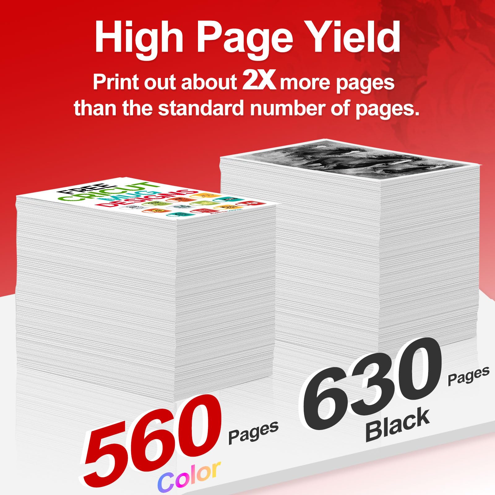 Oillike high-yield pages graphic indicating up to 630 black and 560 color pages.