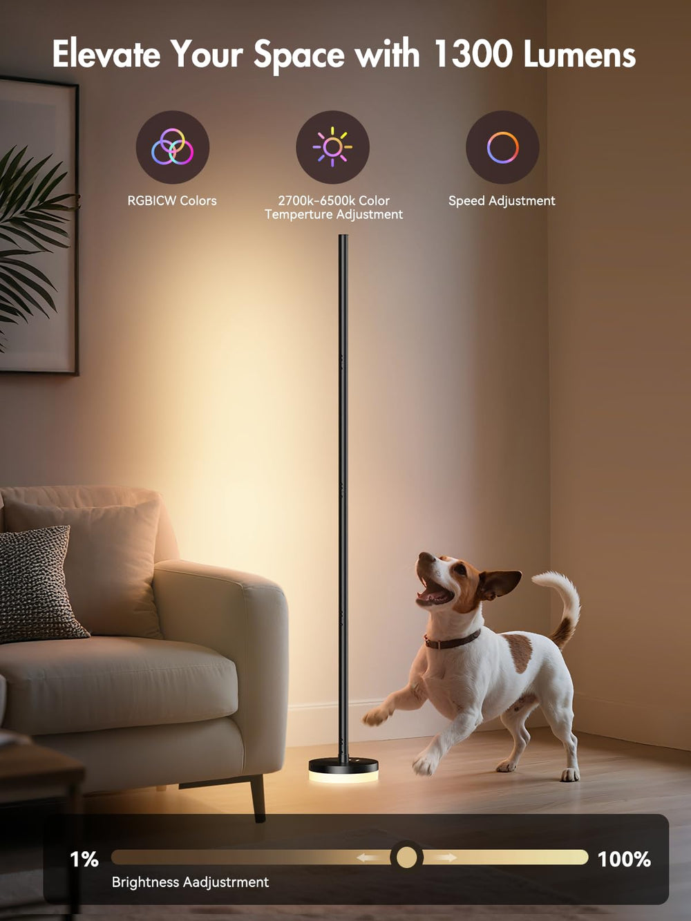 OIYN Corner Floor Lamp delivers 1300 lumens for bright task lighting.