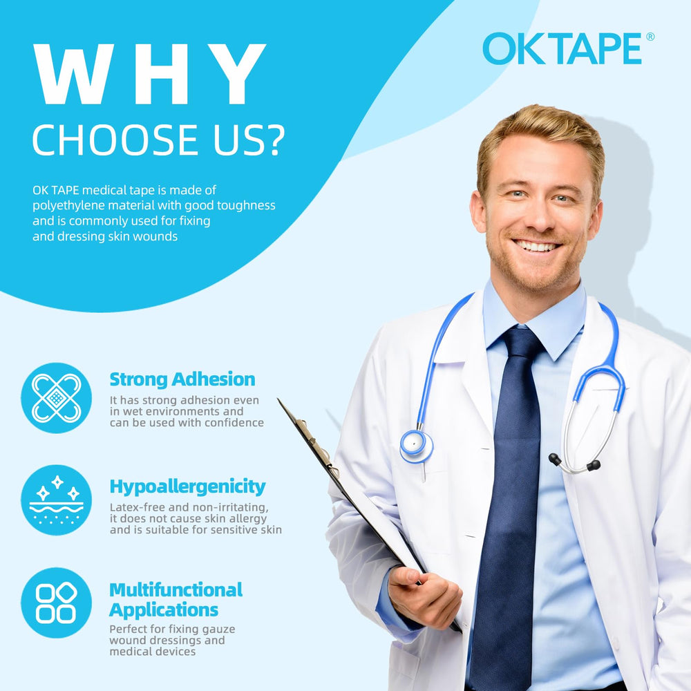 OK TAPE OKPore hypoallergenic latex-free tape provides gentle adhesion for sensitive skin.