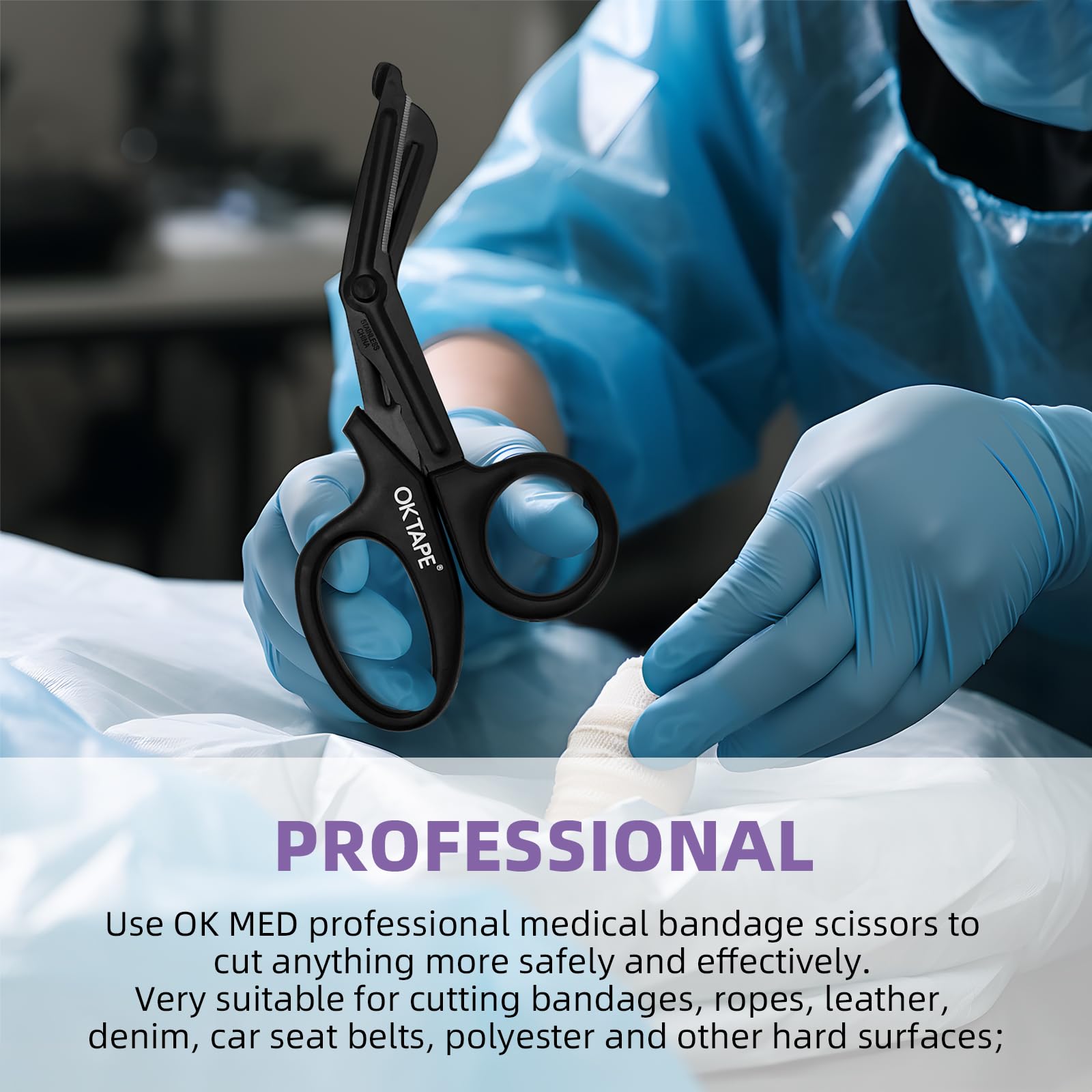 OK TAPE Shears in action cutting bandages and more