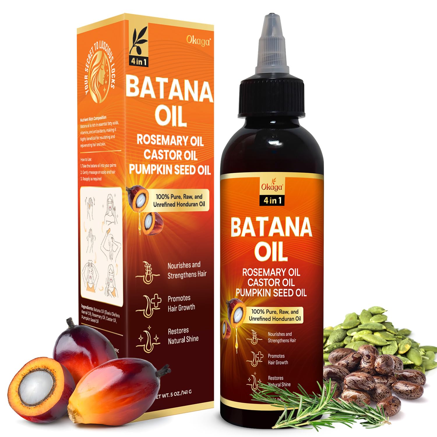 Okaga Batana Oil bottle front shows rosemary-infused nourishment for scalp and hair.