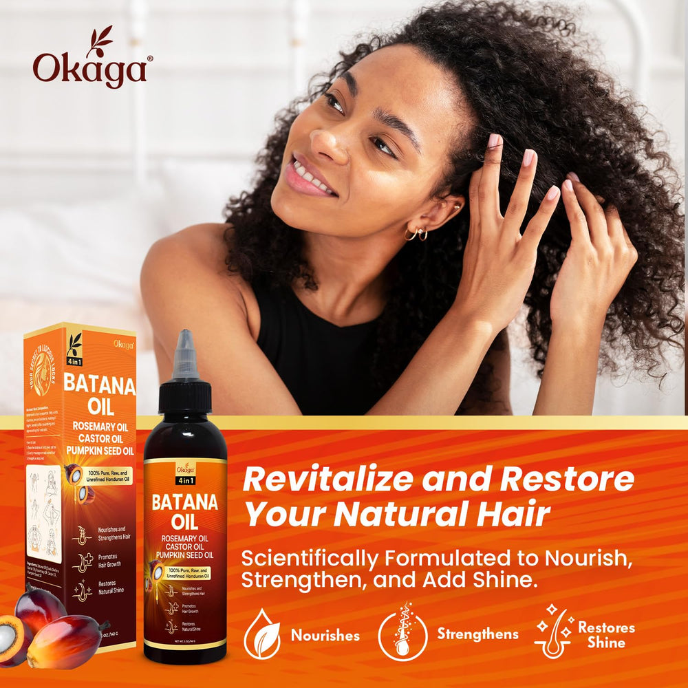 Okaga Batana Oil after-use image shows soft, shiny hair.