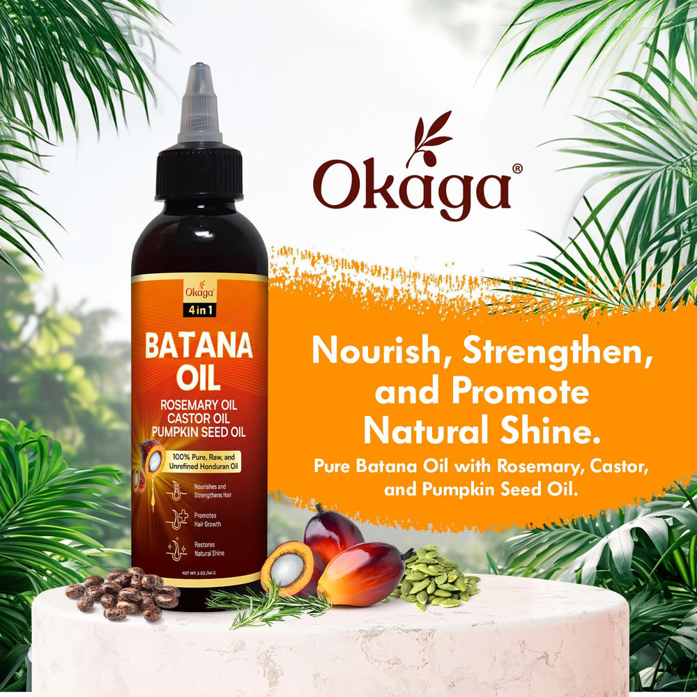 Okaga Batana Oil ingredients label highlights rosemary, castor, and pumpkin seed oils.