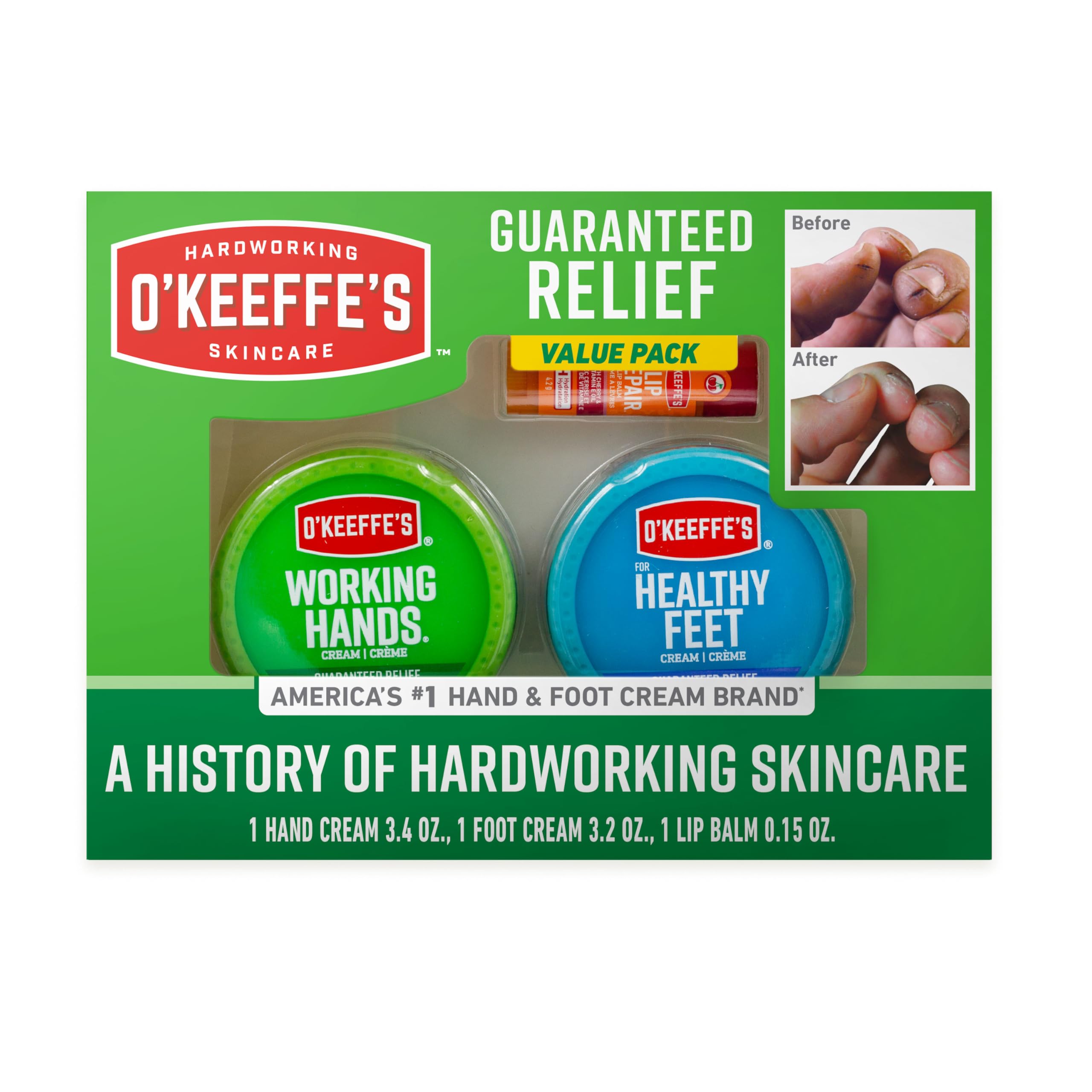 O'Keeffe's Giftbox front view with three relief-focused skincare items for everyday care.