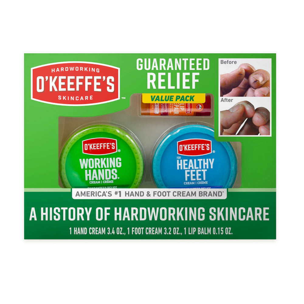 O'Keeffe's Giftbox front view with three relief-focused skincare items for everyday care.