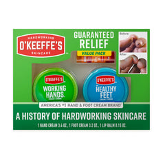 O'Keeffe's Giftbox front view with three relief-focused skincare items for everyday care.