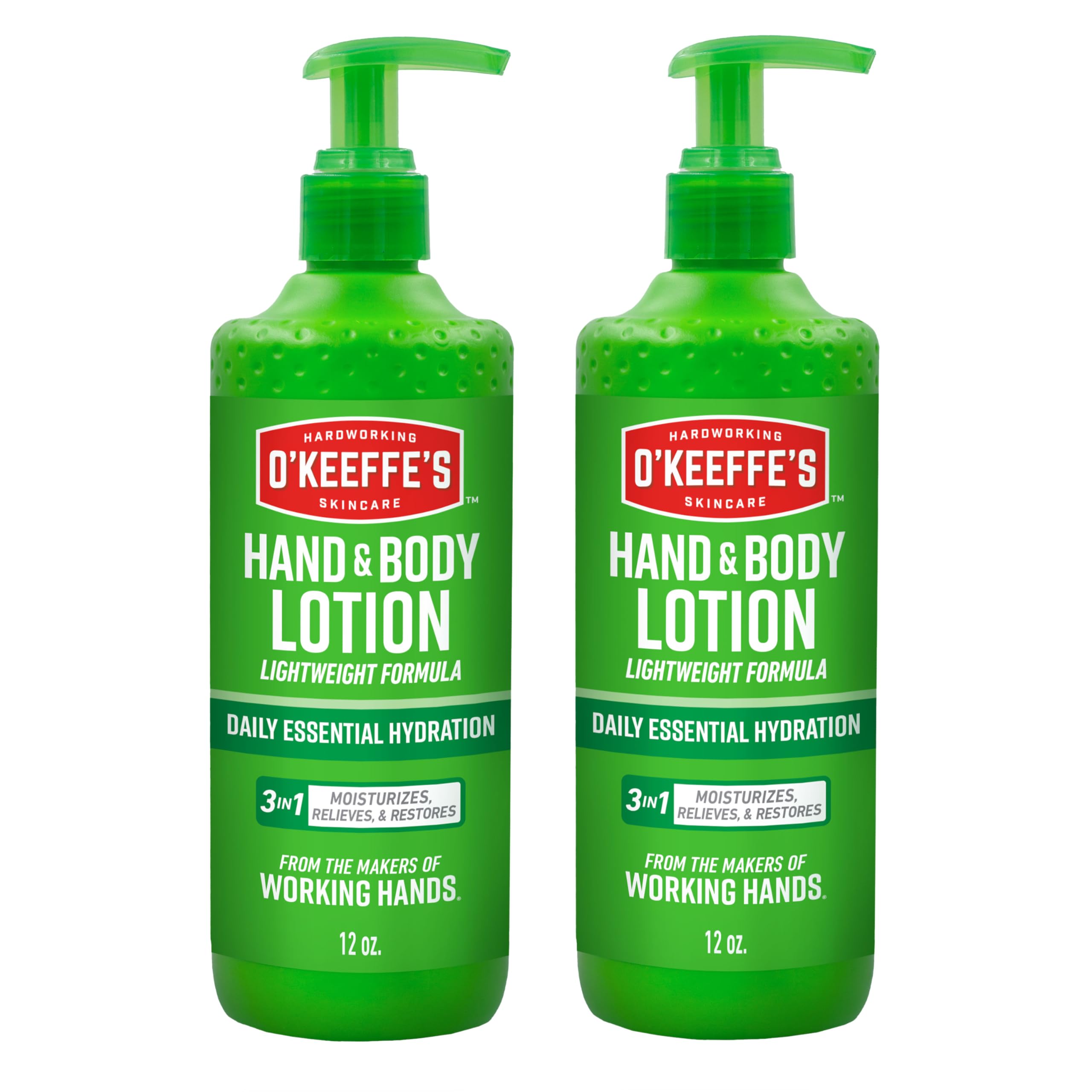 O'Keeffe's Hand and Body Lotion pump bottle, 12 oz, for daily moisture and hydration.